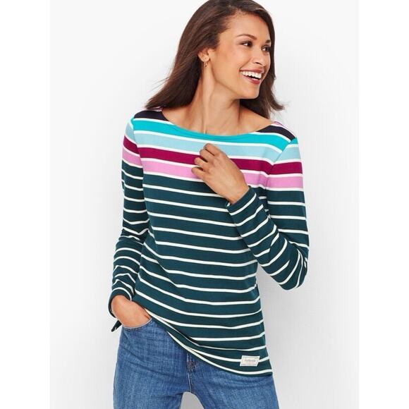Talbots Top Womens 1X Plus Teal Blue Wellington Stripe Authentic Bateau Tee - Picture 1 of 9